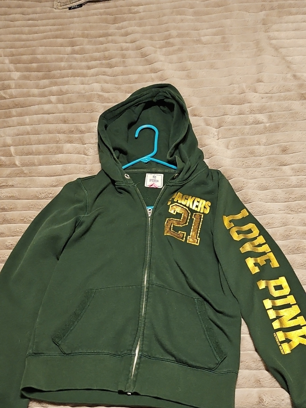 RARE**PINK Victoria's Secret Green Bay Packers Zip Hoodie with Gold Sleeve Print